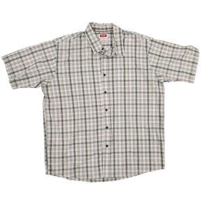 Wrangler Flex Button Up Shirt, Short Sleeve,‎ Green Tan White Plaid, Men's XL